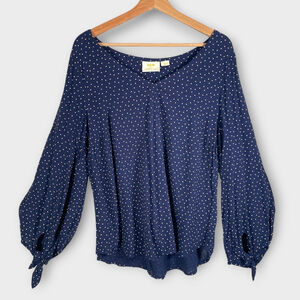 🦜 Anthropologie Maeve Top MEDIUM Navy Blue Pernille Tie-Sleeve Polka Dot